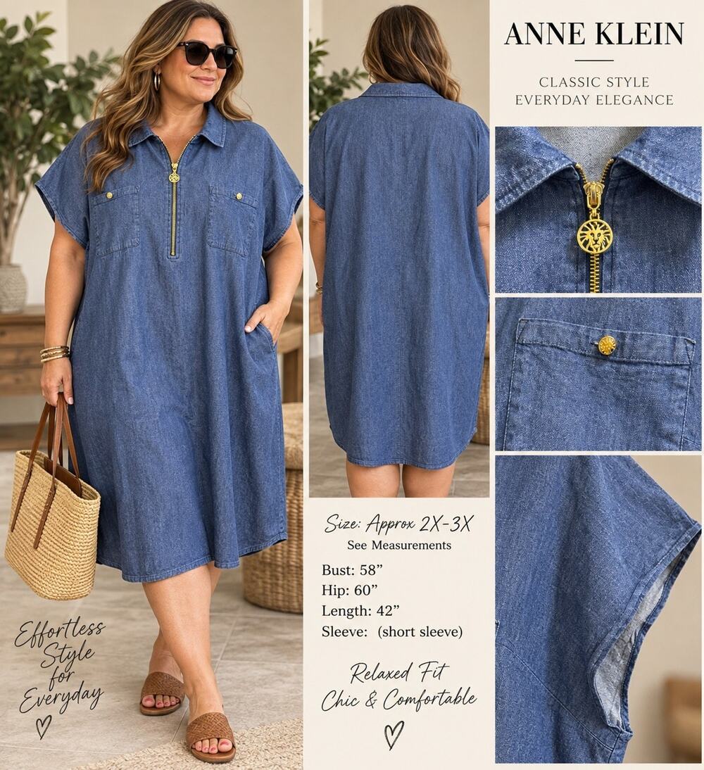 Anne Klein Denim Chambray Shirt Dress Plus SZ 2X Blue Gold Zip Pockets Oversized